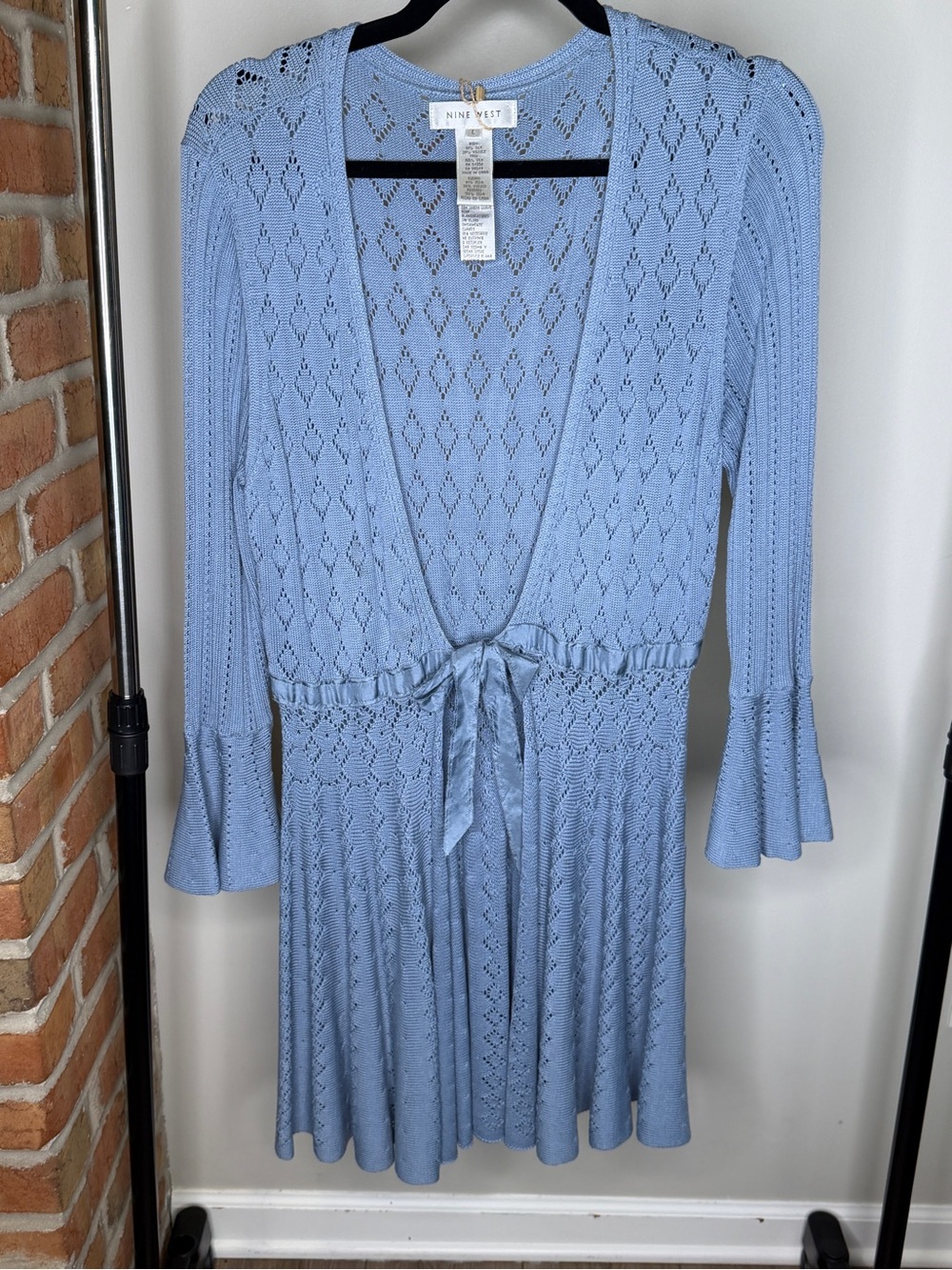 Nine West Light Blue Silk Knit Tie-Waist Duster Cardigan